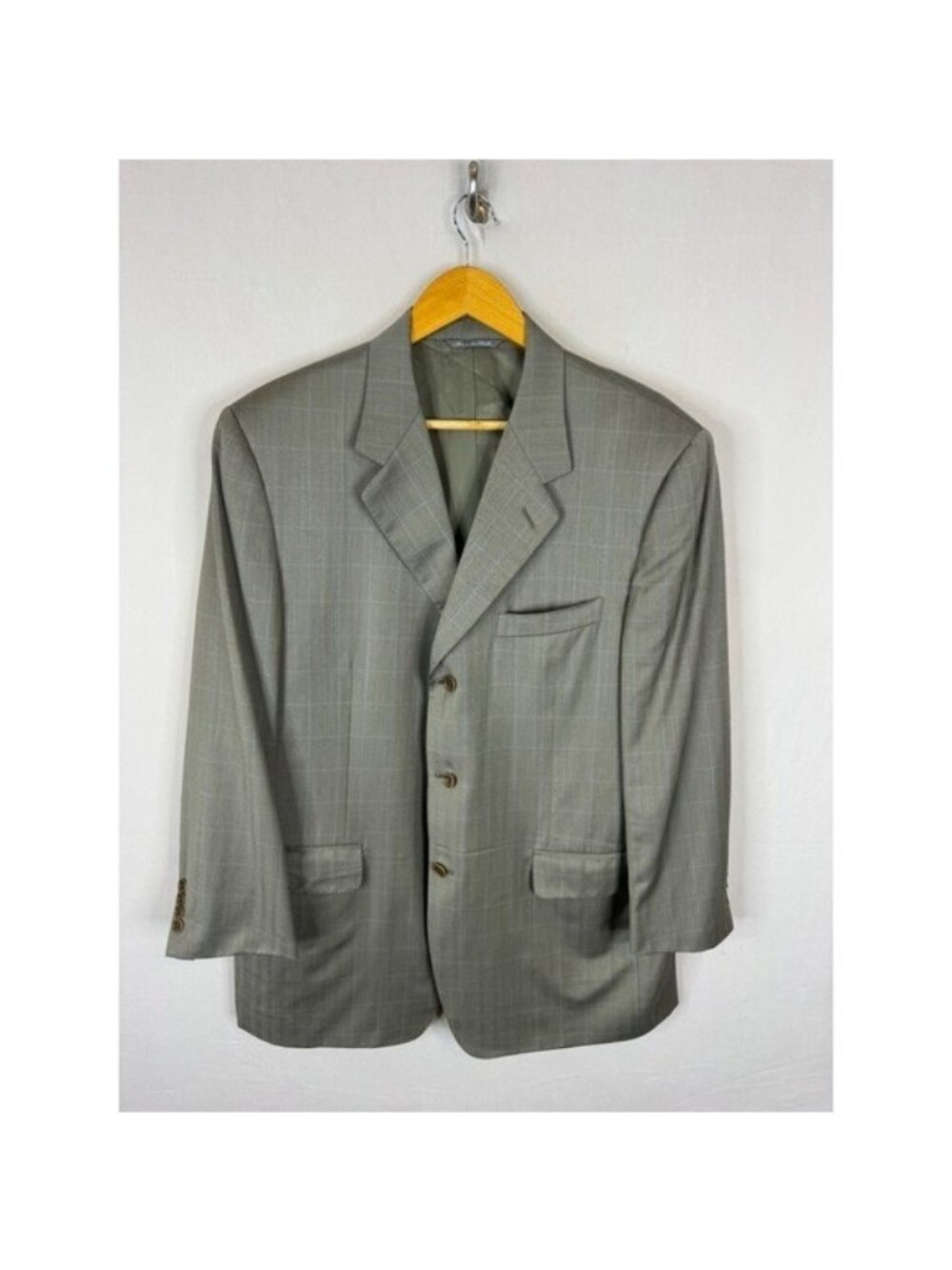 Canali Henry Singer Olive Blue Windowpane Super 120s Wool Blazer 44R Italy